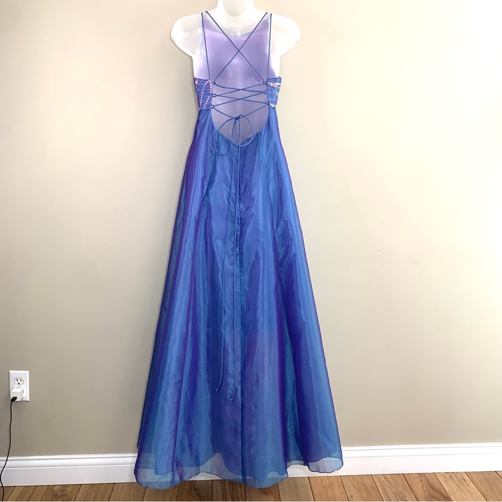 Iridescent Blue Purple Prom Gown Sequin Bodice Low Lace-Up Back 8 A-Line Pageant